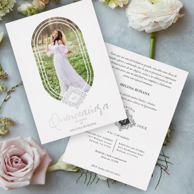 Gorgeous Real Oval Silver Spanish Quinceañera Foil Invitation (Creator Uploaded)
