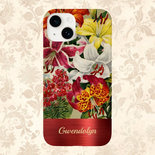Gorgeous Red and Gold Vintage Lilies with Monogram Case_Mate iPhone 14 Case