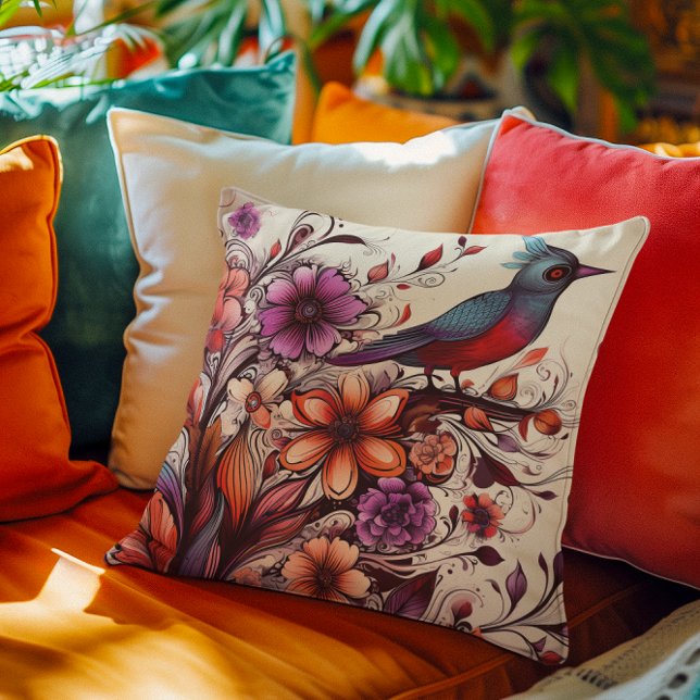 Gorgeous Red bird and floral Summer Throw Pillow (Gorgeous Red bird and floral Summer Throw Pillow)