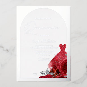 Gorgeous Red Dress Blush Floral Quinceanera Silver Foil Invitation
