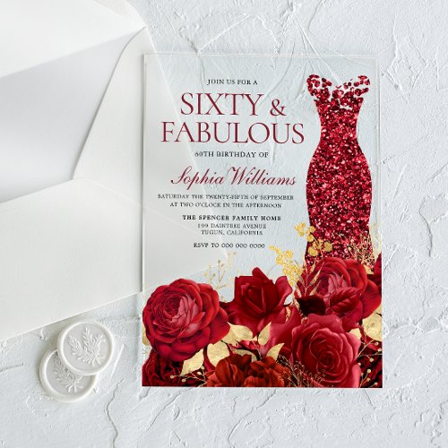 Gorgeous Red Dress Roses Gold Leaf 60th Birthday Acrylic Invitations