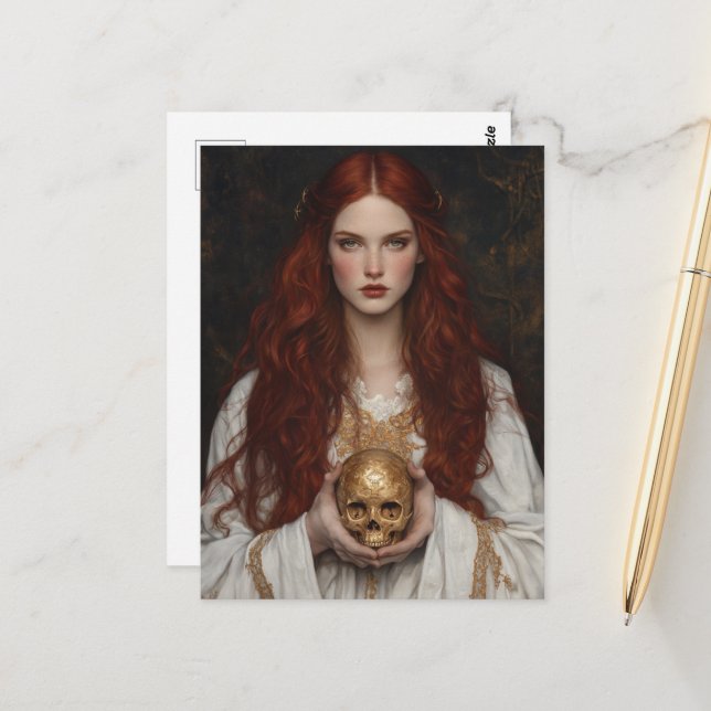 Gorgeous Red haired Goddess Lady With Golden Skull Postcard (Front/Back In Situ)