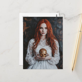 Gorgeous Red haired Woman With a Gold Skull Postcard