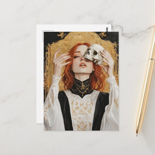 Gorgeous Red haired Woman With a Skull Postcard (Front/Back In Situ)