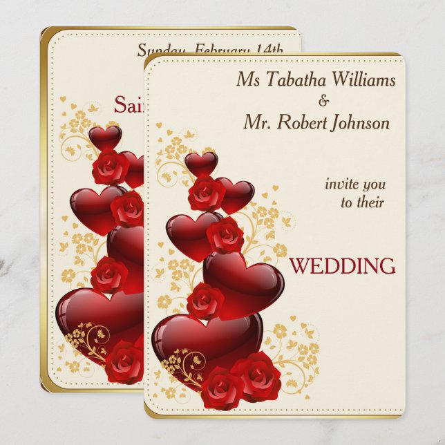 Gorgeous Red Hearts and Roses Wedding Invitation (Front/Back)