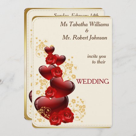 Gorgeous Red Hearts And Roses Wedding Invitation