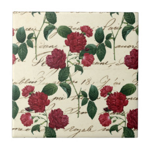 Gorgeous Red Roses and Classic Vintage Handwriting Ceramic Tile