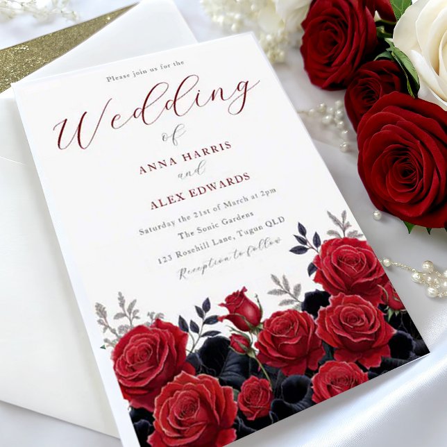 Gorgeous Red Roses Elegant Silver Wedding Invitation (Creator Uploaded)