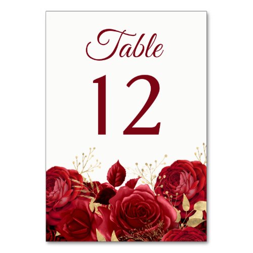 Gorgeous Red Roses  Gold Wedding or Quinceanera Table Number