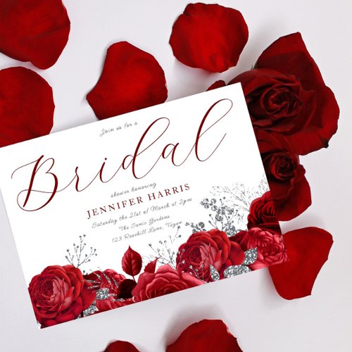 Gorgeous Red Roses  Silver Bridal Shower Invitation