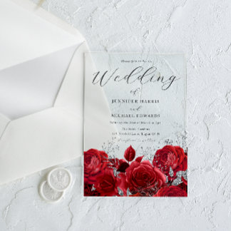 Gorgeous Red Roses & Silver Wedding Acrylic Invitations