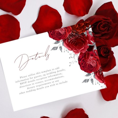Gorgeous Red Roses  Silver Wedding Details Enclosure Card