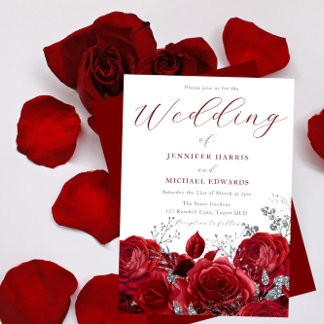 Gorgeous Red Roses & Silver Wedding Invitation