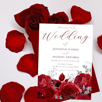 Gorgeous Red Roses & Silver Wedding Invitation by Nicheandnest at Zazzle