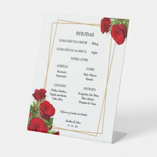 Gorgeous Red Roses Table Bar Selection Menu Sign