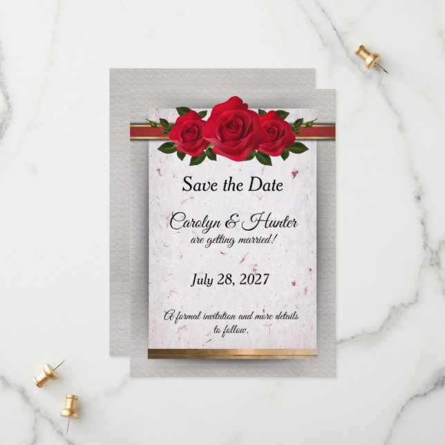 Gorgeous Red Roses with Gold Accents Wedding Save The Date (Front/Back In Situ)