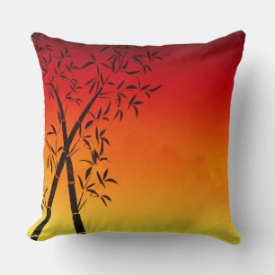 Gorgeous red sunset Bamboo and mountain view Throw Pillow