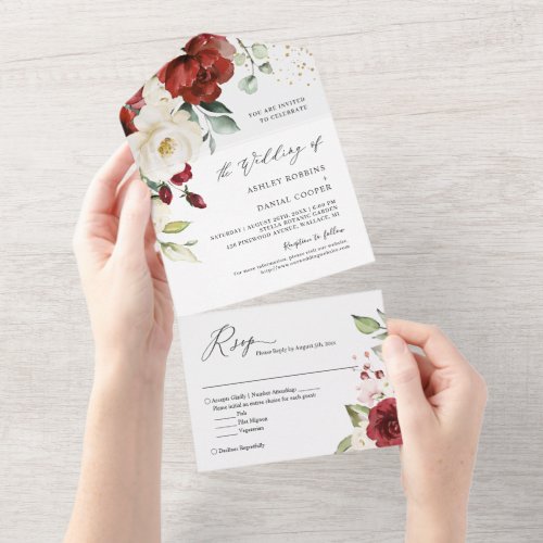 Gorgeous Red White Floral Simple Elegant Wedding All In One Invitation