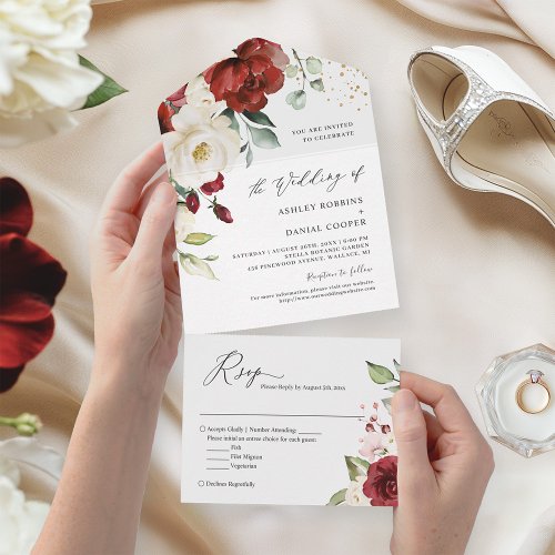 Gorgeous Red White Floral Simple Elegant Wedding All In One Invitation