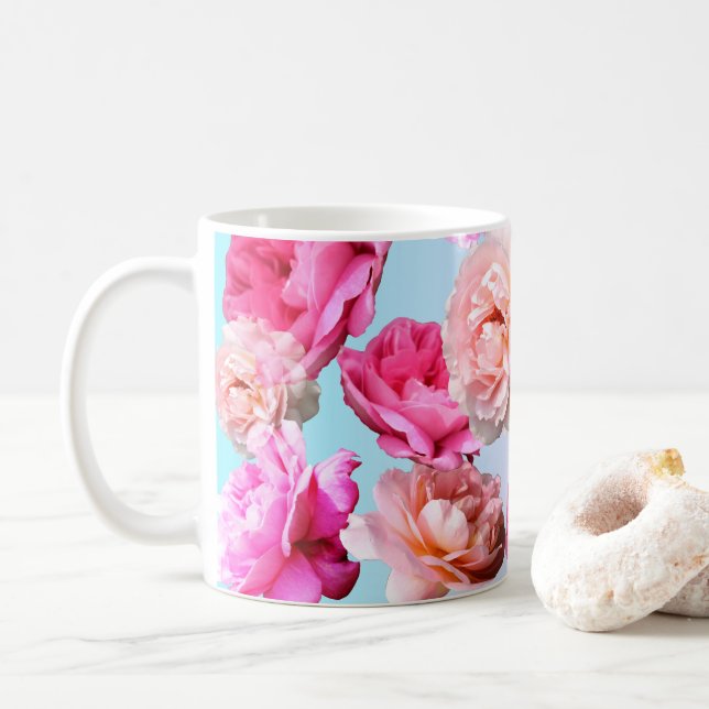 Gorgeous Romantic Roses Floral Blue / Pink Mug (With Donut)