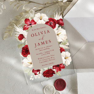Gorgeous Romantic Ruby Red Floral Frame Wedding Acrylic Invitations