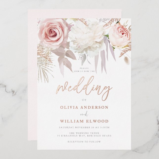Gorgeous Rose Gold & Blush Floral Wedding Foil Invitation (Front/Back)