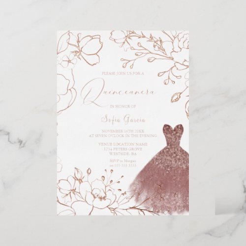 Gorgeous Rose Gold Leaves Blush Dress Quinceanera Foil Invitation