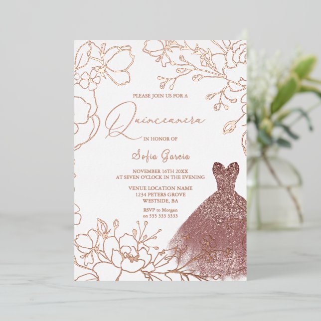 Gorgeous Rose Gold Leaves Blush Dress Quinceanera Foil Invitation (Standing Front)