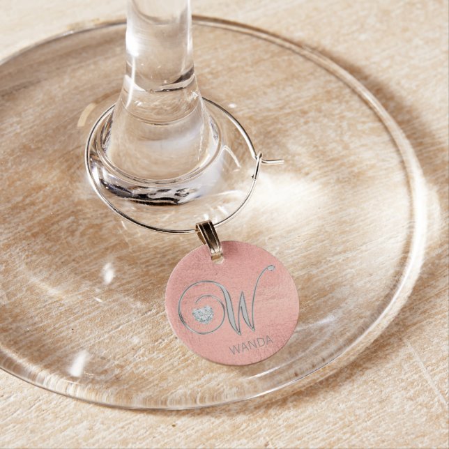 Gorgeous Rose Gold Silver Monogram Initials 'W' Wine Charm (In Situ)