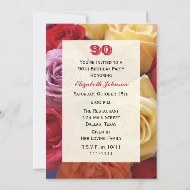 Gorgeous Roses 90th Birthday Party Invitation (Front)