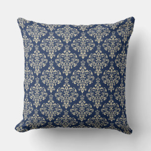 Gorgeous Royal Blue Classic Elegant Damask Pattern Throw Pillow