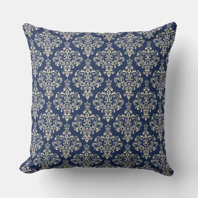 Gorgeous Royal Blue Classic Elegant Damask Pattern Throw Pillow (Front)