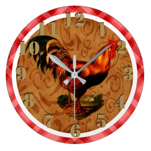 Gorgeous Rustic Rooster Country Chic Red Tartan Large Clock