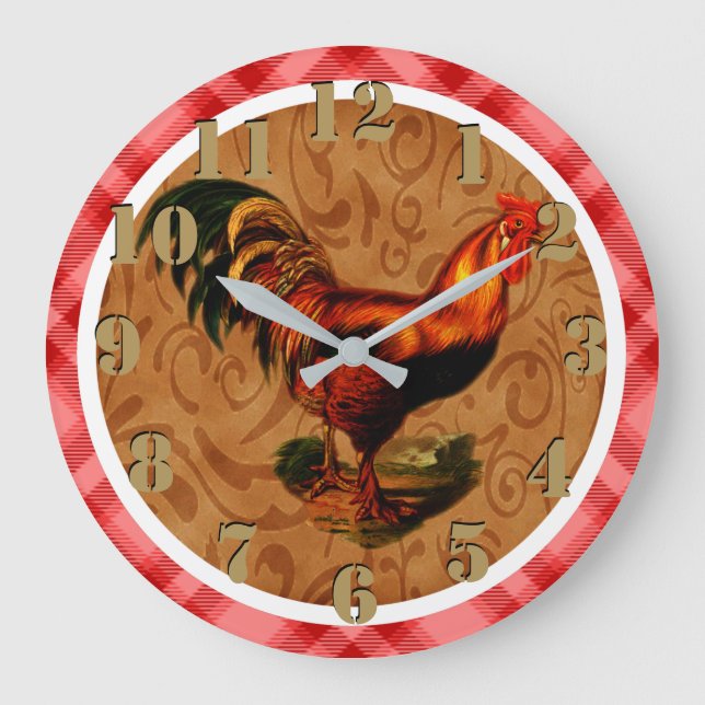Gorgeous Rustic Rooster Country Chic Red Tartan Large Clock (Front)