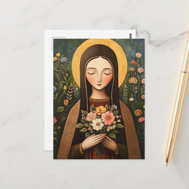 Gorgeous Saint Woman With Flowers Postcard (Front/Back In Situ)