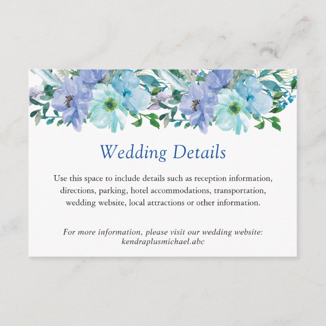Gorgeous Sapphire Blue Floral Wedding Details Info Enclosure Card (Front)