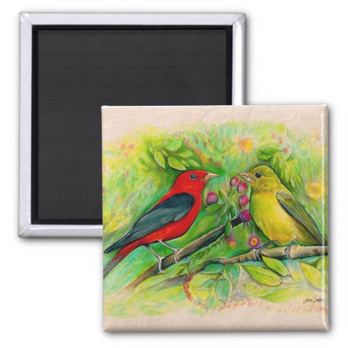 Gorgeous Scarlet Tanagers Watercolor Painting Magnet