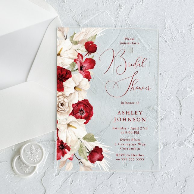 Gorgeous Script Red & White Floral Bridal Shower Acrylic Invitations (Creator Uploaded)