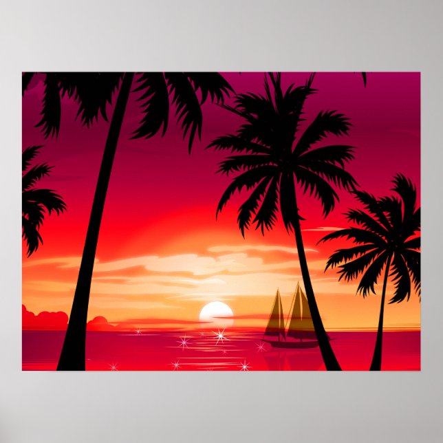 Gorgeous Shimmery Island Sunset & Sailboat Poster (Front)