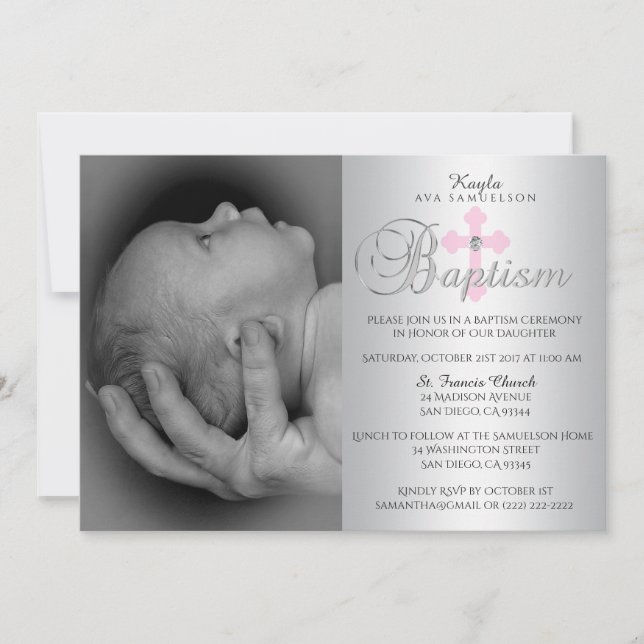 Gorgeous Silver Pink Cross Girl PHOTO Baptism Invitation (Front)