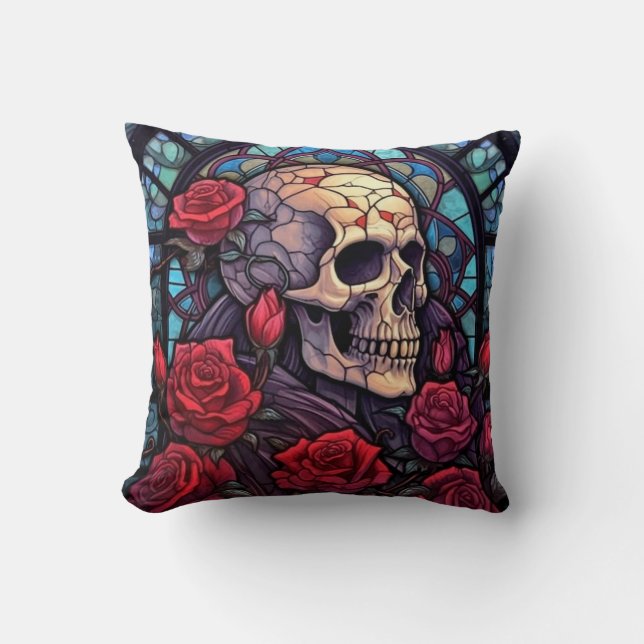 Gorgeous Skull and Red Roses Throw Pillow (Front)