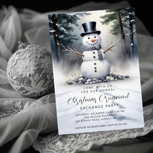 Gorgeous Snowman Frosted Forest Ornament Exchange Invitation (Cute Gorgeous Snowman Frosted Landscape Forest Christmas Holidays Ornament Exchange Party Invitation)