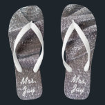 Gorgeous Sparkly Faux Silver Glitter Wedding Mrs. Flip Flops<br><div class="desc">A gorgeous pair of sparkly faux silver glitter folded fabric design wedding flip flops for the new Mrs.! Just add your new last name (or initials) on them! I love the color contrast between the white and silver! Stunning! (By the way,  congratulations on the wedding!)</div>