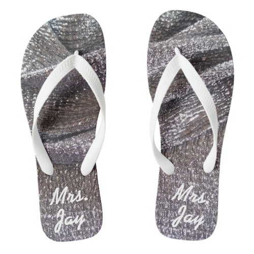 Gorgeous Sparkly Faux Silver Glitter Wedding Mrs Flip Flops