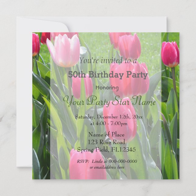 Gorgeous spring pink tulip flowers birthday party invitation (Back)