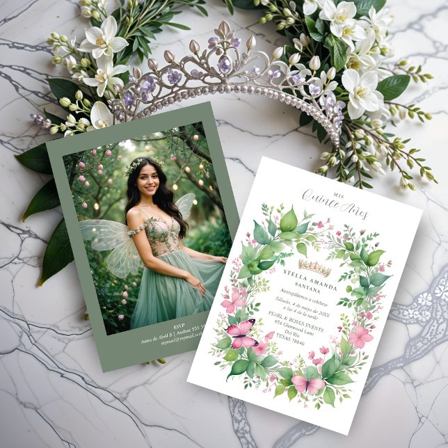 Gorgeous Spring Tiara Green & Pink Floral Spanish  Invitation (Gorgeous Spring Tiara Green & Pink Floral Spanish Quinceañera Photo Invitations Cards. )