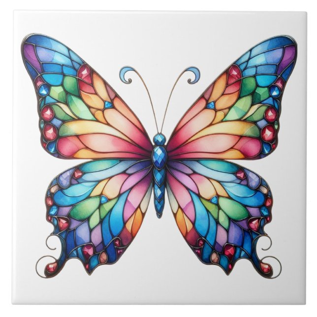 Gorgeous Stained Glass Butterfly Glow  Ceramic Tile (Front)