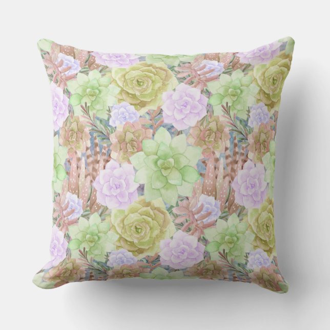 Gorgeous Succulents | Watercolor Painted | Square Outdoor Pillow (Front)
