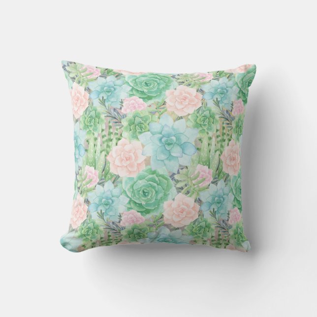 Gorgeous Succulents | Watercolor Painted | Square Throw Pillow (Front)