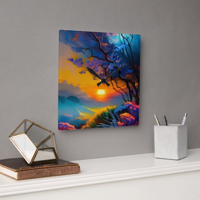 Gorgeous Sunrise over pond  Square Wall Clock (Office)